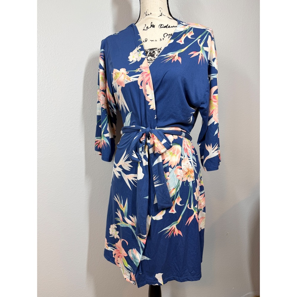 Flora by Flora Nikrooz Travel Robe Women's Medium Blue Floral Short Knit